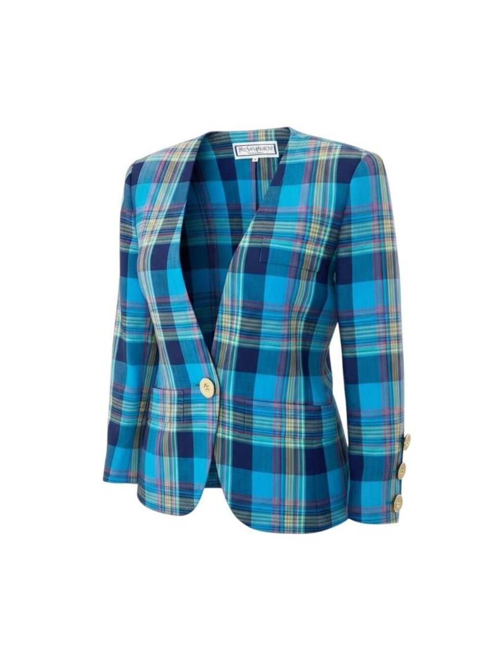 Saint Laurent Collarless Jacket Madras Check Gold Button M Multicolor Wool